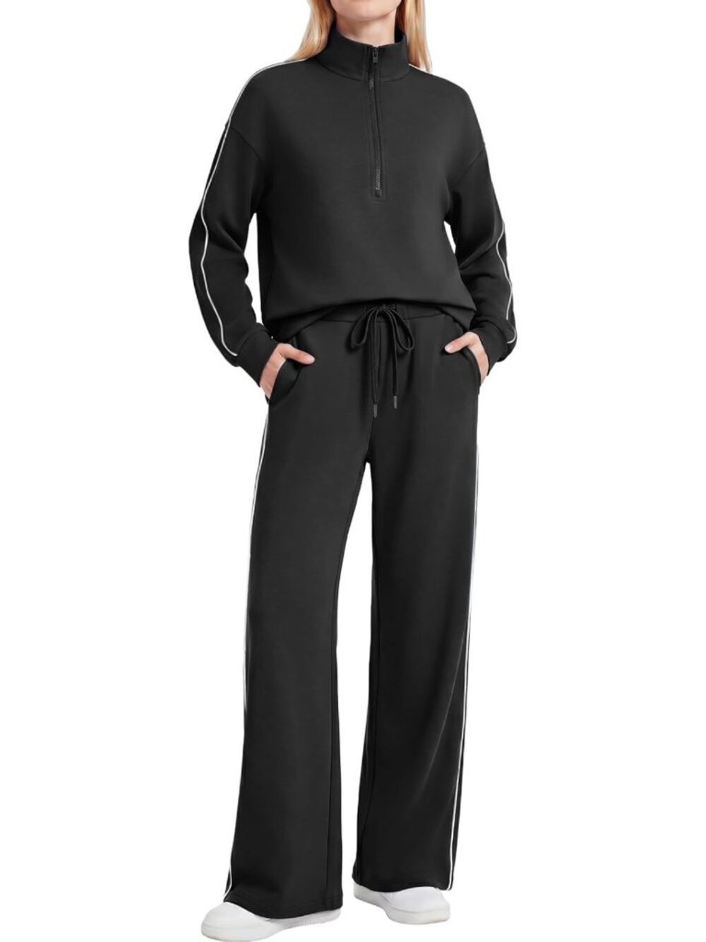 Chic Women's 2 Piece Casual Tracksuit - Half Zip Top & Wide Leg Pants Set